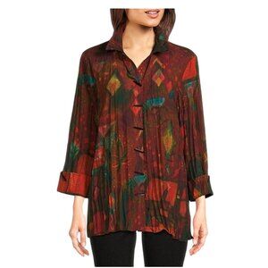 Ali Miles Shirt Jacket L Abstract Button-Front Crinkle Multi Brown Artsy Boho
